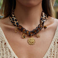 Women's geometric leopard print stainless steel pendant necklace adjustable chain bold statement jewelry