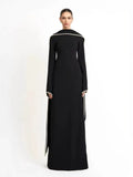 Women's black pearl trim high neck cape sleeve floor-length maxi dress